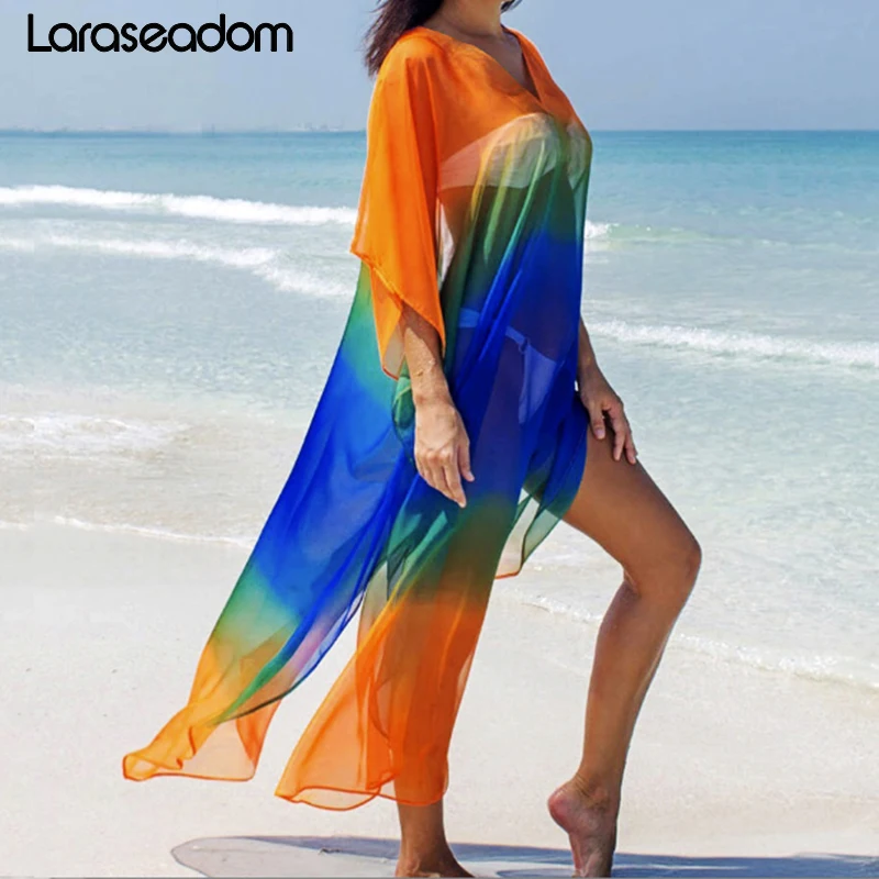 

Gradient Color Chiffon Bikini Cover up Beach Cover-up for Women Pareo Beach Tunic Bathing suit Cover ups Long Beach Dress#N043