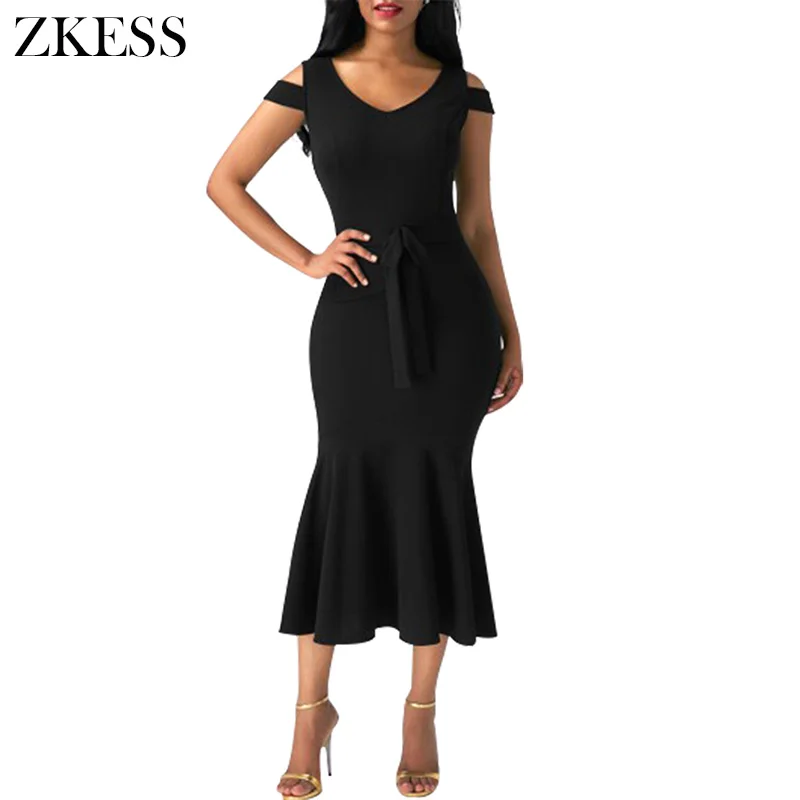 Black-Cold-Shoulder-Bow-Detail-Mermaid-Dress-LC61686-2-1 