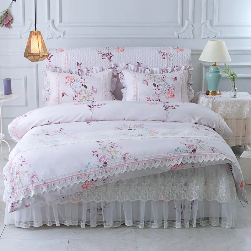 Korean style Lace princess Bedding Set queen king size blue pink bed