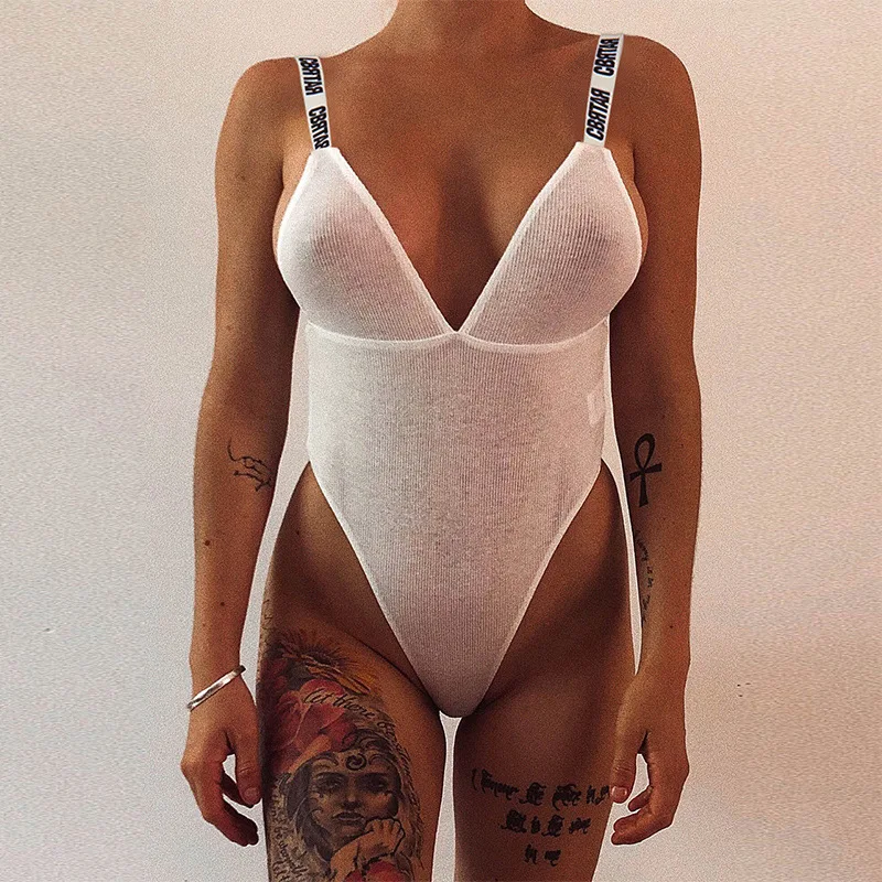

Sexy Sheer V neck Bodysuit Women Jumpsuit White Strap Bodysuit Thong Leotard Skinny Romper