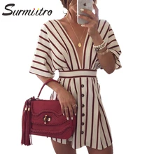 Surmiitro, сексуальное летнее платье в полоску с глубоким v-образным вырезом и открытой спиной,, рукав летучая мышь, туника, вечерние платья, Короткое мини пляжное платье, женский сарафан