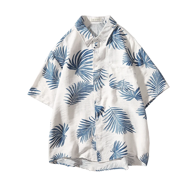 

2019 Summer Newest Fashion Leaf Printing Shirt Male Easy Cool And Refreshing Short Sleeve Square Neck Loose Casual Youth Tide