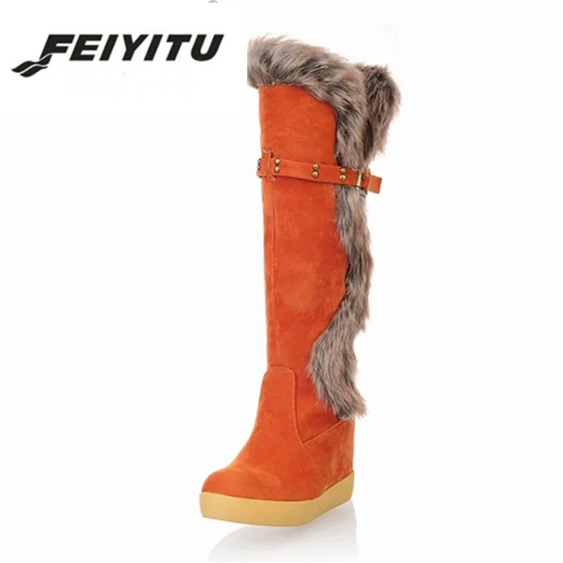 

feiyitu Fashion Women Knee High Boots Hidden Wedges Faux Rabbit Fur Upper Platform Winter Fur Shoes Buckle Warm Snow Boots