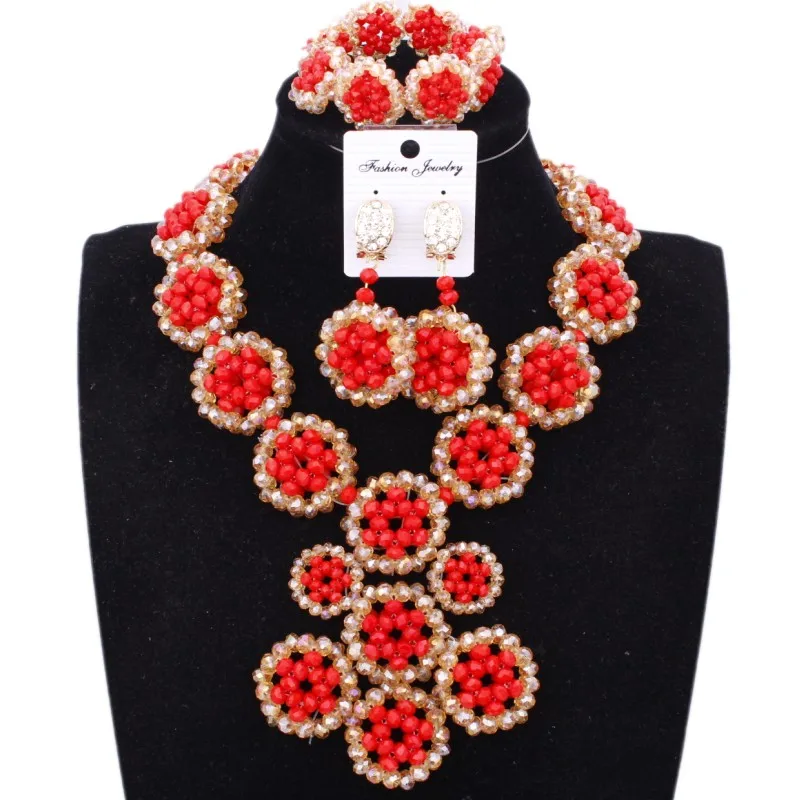 

Luxury Bridal Jewelry Set Earrings Necklace Bracelets Round Flowers African Fashion Jewelry Gold and Red Free Ship Jewellery Set