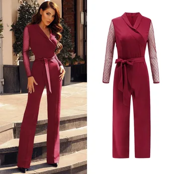 

Spring Girls V-neck Lapel Slim Lace Long Sleeves Polka Dot Jumpsuit Elegant Sexy Hot Casual Bodysuit Waistband Women Rompers