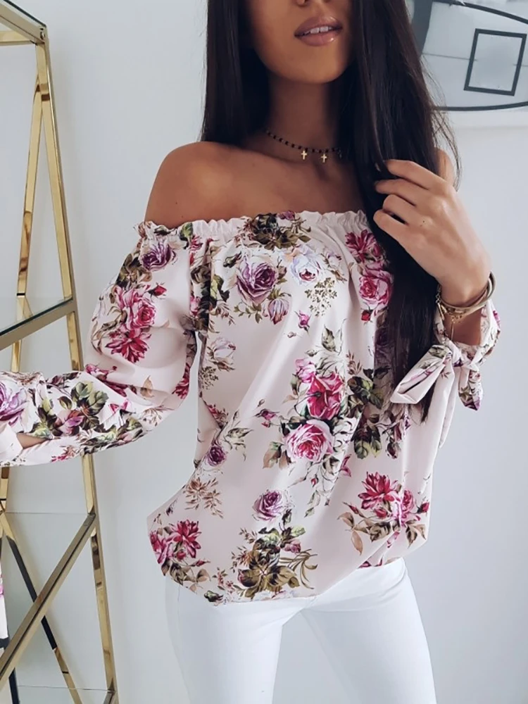 2019 VERANO moda mujer Chica Elegante camisa Casual sin hombro Shirring Floral estampado y camisas| - AliExpress
