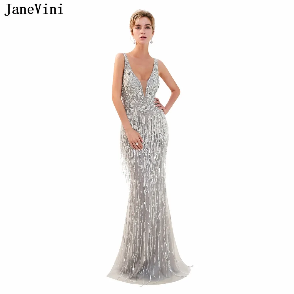 

JaneVini Luxury Beading Sequined Mermaid Bridesmaid Dresses Floor Length Deep V Neck Backless Sexy Tulle Long Prom Party Gowns