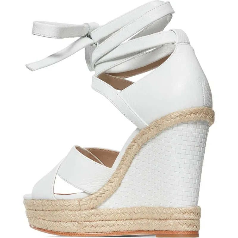 Rome Gladiator Solid White Lace-up Cross-Tied Platform Super High Wedges Heels Ankle-Wrap Leisure Fashion Concise Summer