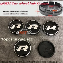 Centro da roda Auto cobre 56mm R Logo emblema PARA VW Passat B6 B7 CC Golf Jetta MK5 MK6 Emblema Da Roda de Carro hub Caps Etiquetas 20 pcs