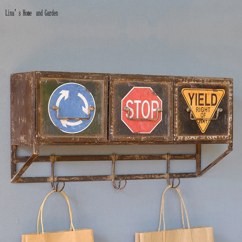 loft industrial retro metal vintage wall shelf with drawers (4)