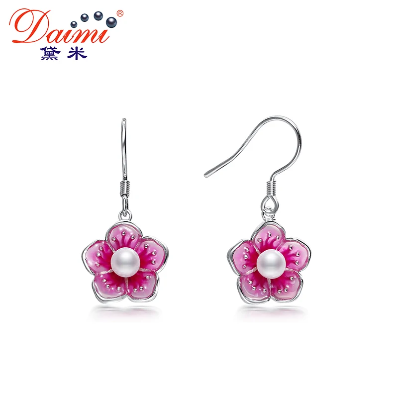 

DAIMI Elegant Peach Blossom Earrings 4-5mm Perfectly Round Freshwater Pearl Earrings 925 Sterling Silver Dangle Earrings