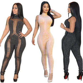 

High Quality Hot drilling Sexy Mesh Bodycon Summer Playsuits fashion Women See Through Jumpsuits Rompers feminino