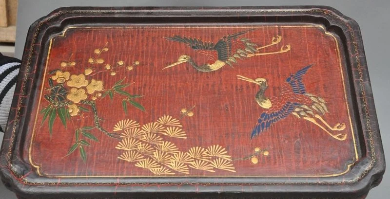 

Old Chinese Lacquerwork Bamboo Pine Crane Plum Longevity Lucky statue Tray Plate