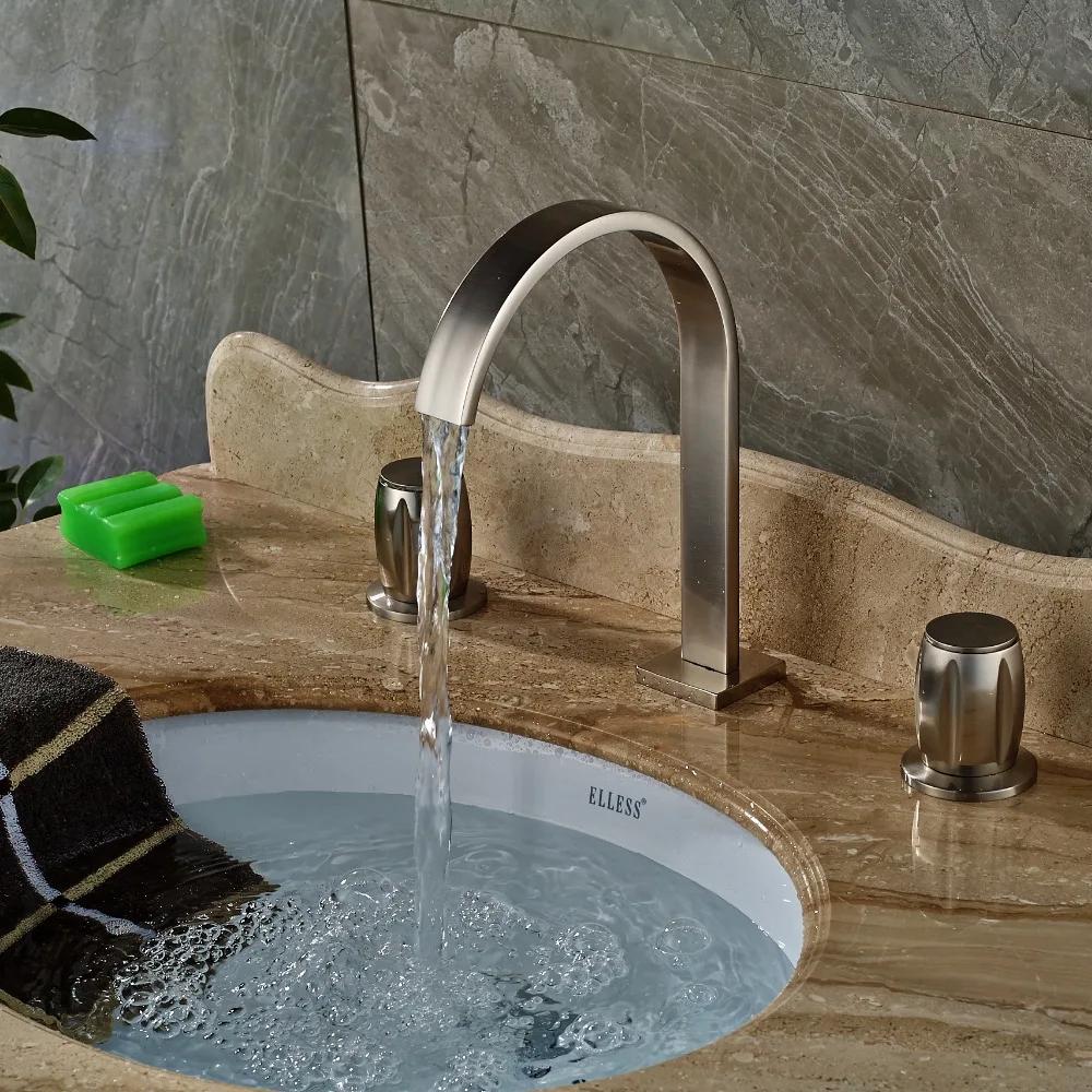 

Widespread Brushed Nickel Bathroom Basin Faucet Dual Handles Vanity Sink Mixer