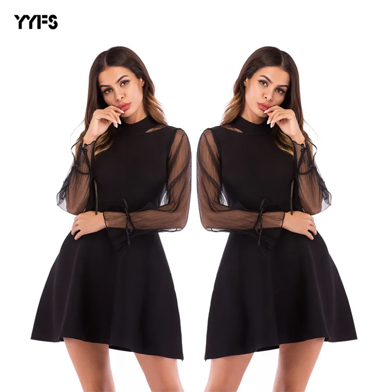 

2019 Fast Selling New Dresses European and American Fashion Knitted Pure Lolor Women Dress Vintage Lace Dress