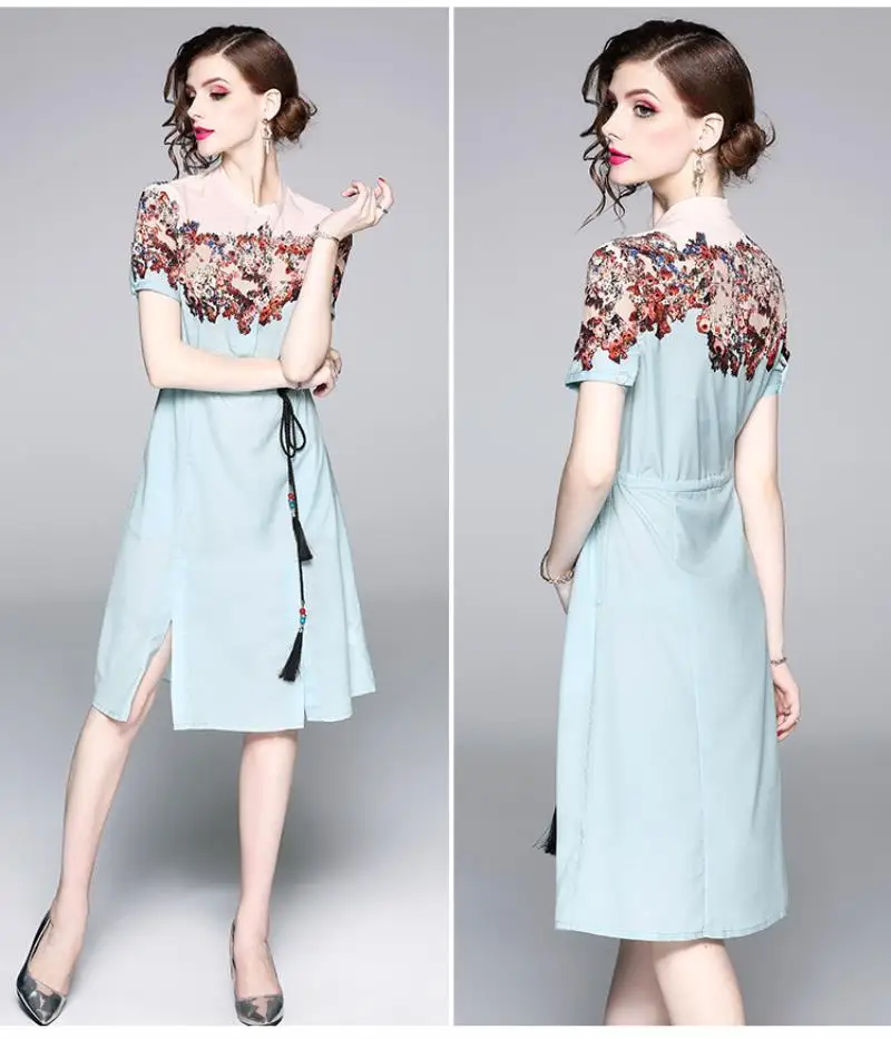2018 New Autumn European Fashion Print dress Vintage Floral Print Patchwork Short Sleeve Casual Dress With Beaded Belt