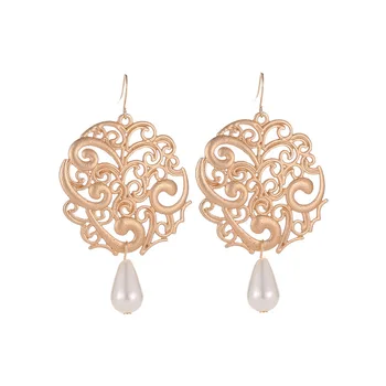 

Vintage Court Style Hollow-Out Circle White Simulated Pearls Women Drop-Shape Silver Plated Golden Drop Earrings Dangle Earrings