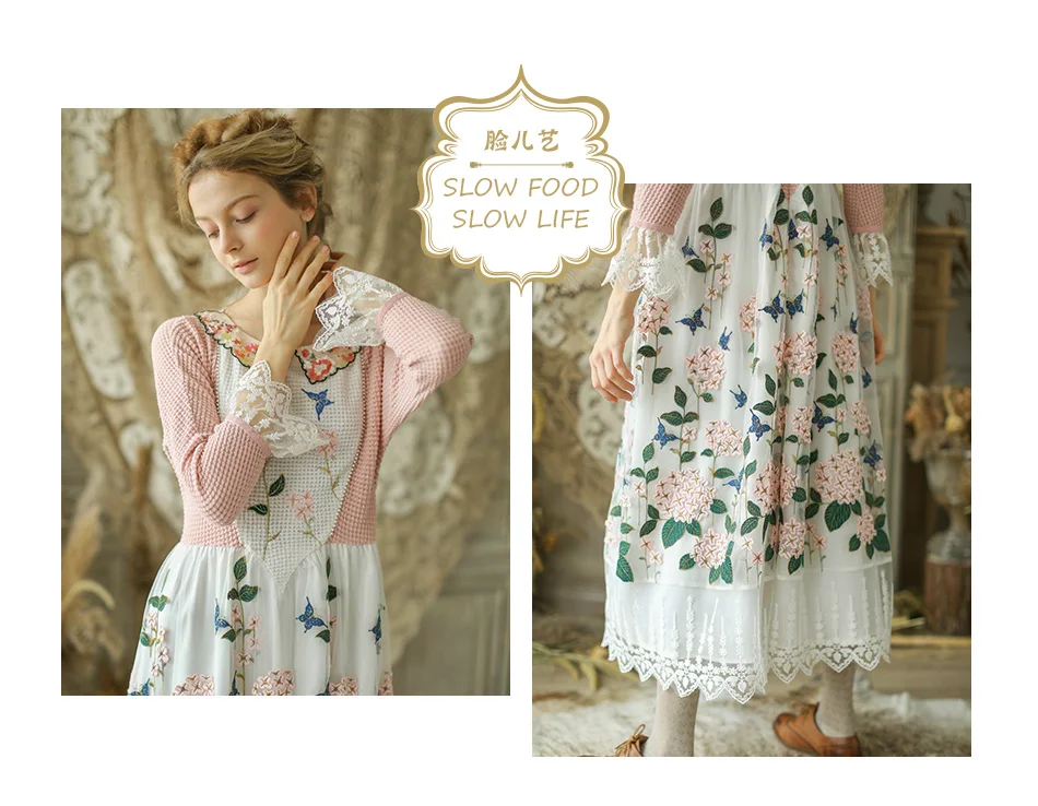 Chinoisery/весенне-осенняя Оригинальная дизайнерская женская винтажная кружевная Лоскутная Вышивка, Трикотажные Хлопковые Платья