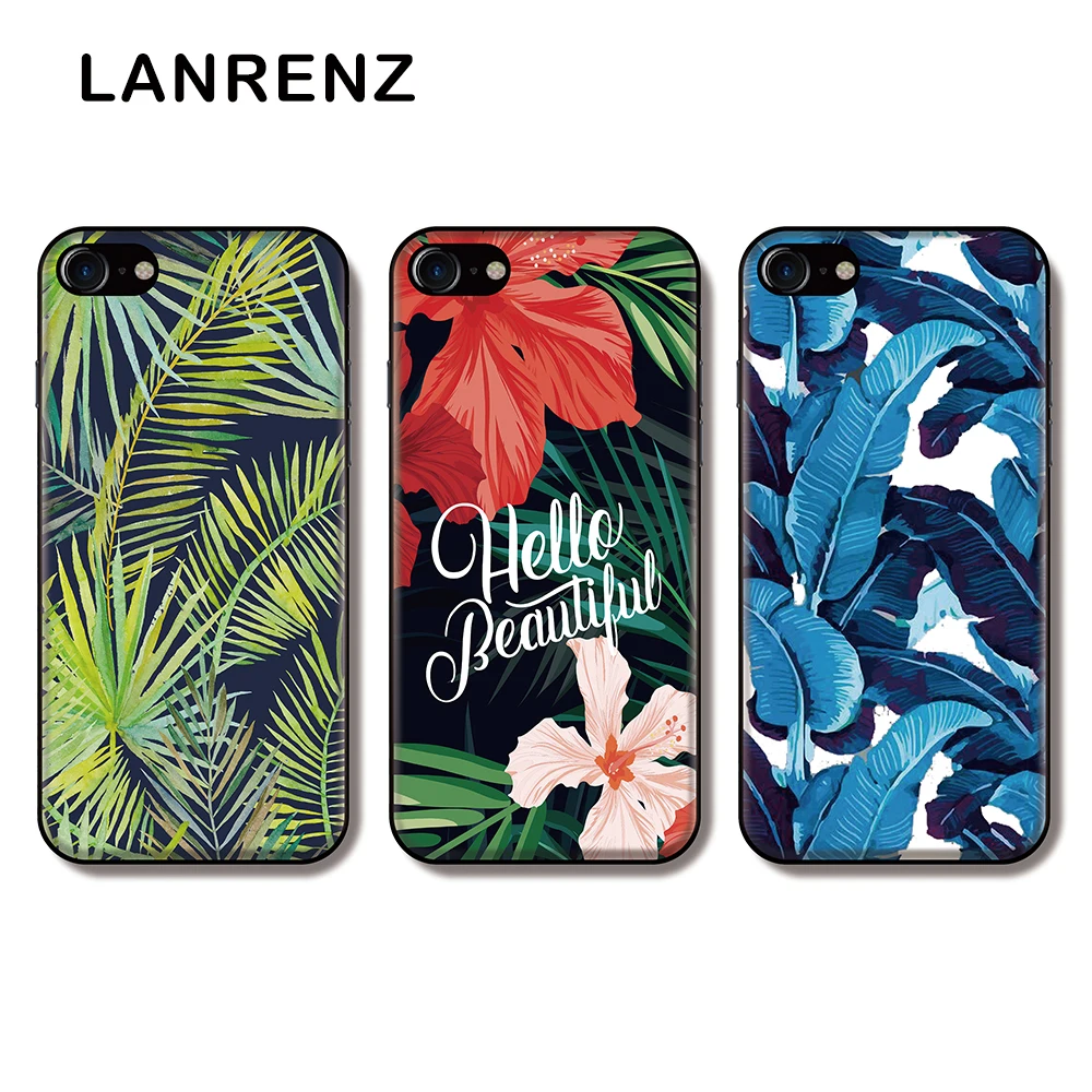 LANRENZ Case For iphone 7 8 plus Tropical Palm Leaf Flower Black TPU Phone Cases Cover for 6 6S XR XS Max |
