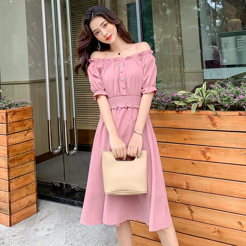 

Korea 2019 Summer New Women's Clothes Solid Color Lace Short Sleeve One Shoulder Slim Dress Lace Collar Elastic Waist Midi Dress