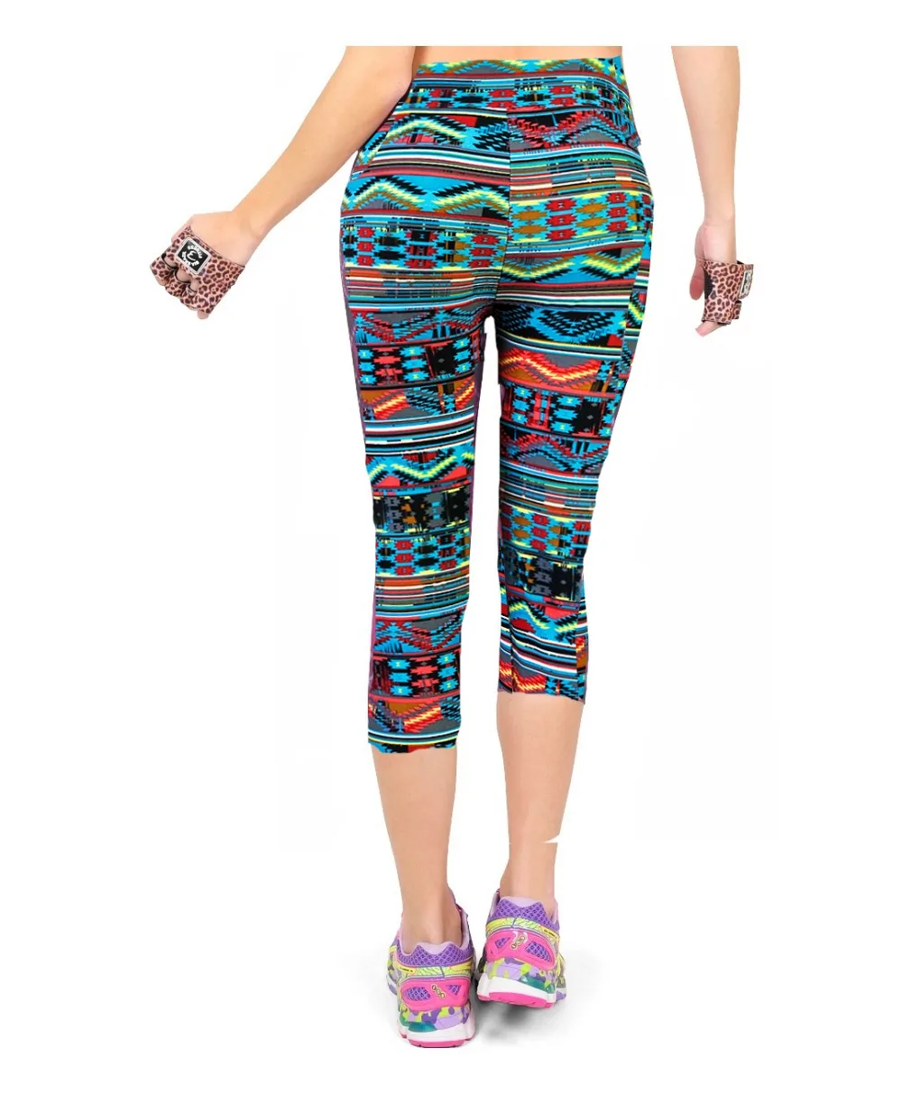

Plus Size Women's Fashion High Waist Printed Radio Wave Floral Capris Workout Fitness Leggings High Elastic Mid Calf Pants #01