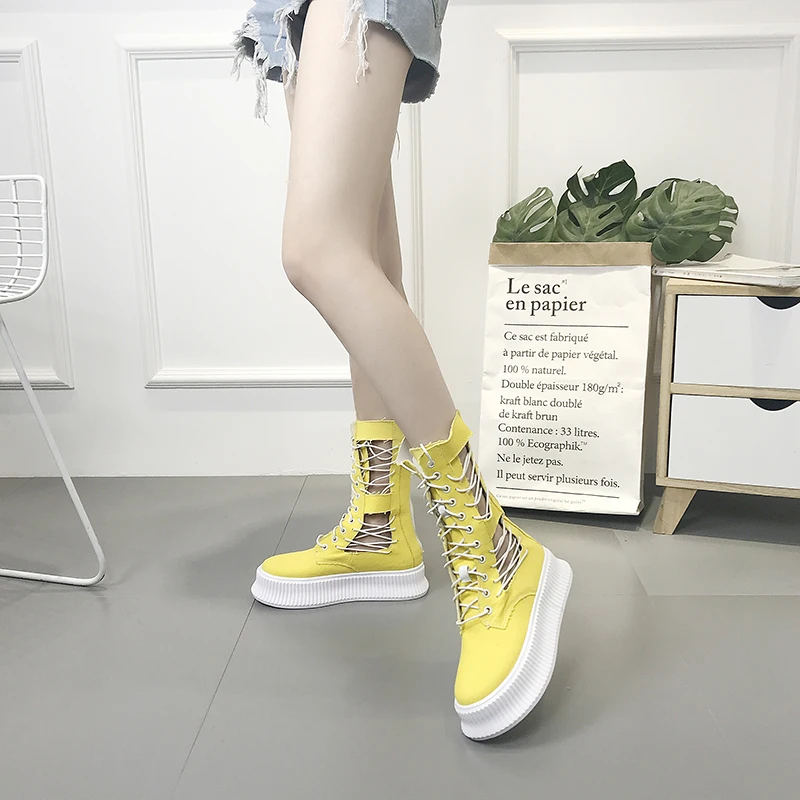 

2019 Fashion Vulcanized Shoes Woman Summer Sneakers Hollow Out High-top Lace-up Platform Tenis Feminino Casual Canvas Shoes Pink