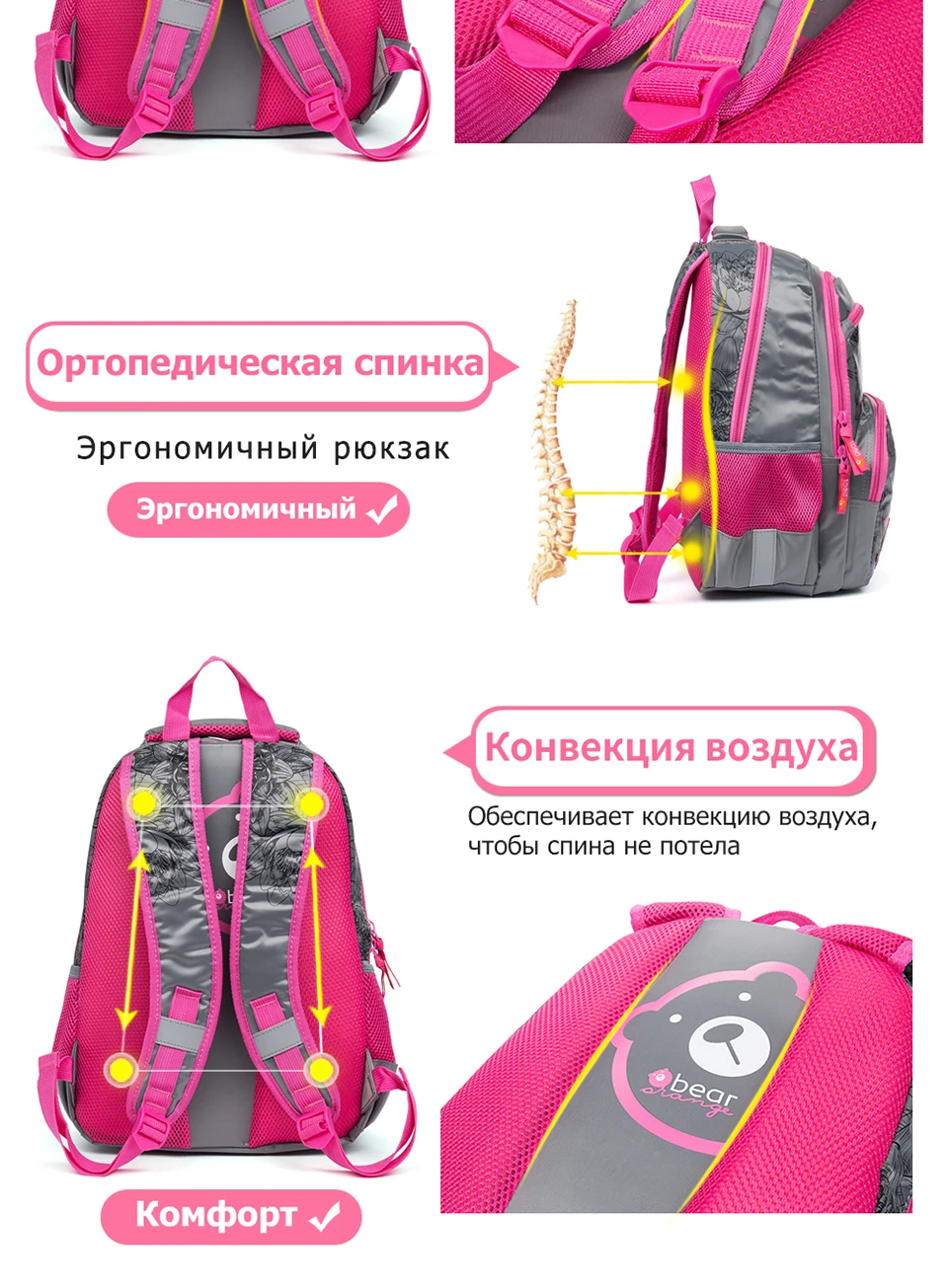 Детский рюкзак GRIZZLY для девочек, модный рюкзак Mochila, повседневный ранец, водонепроницаемый, с принтом, школьные сумки, большая емкость, дорожные сумки