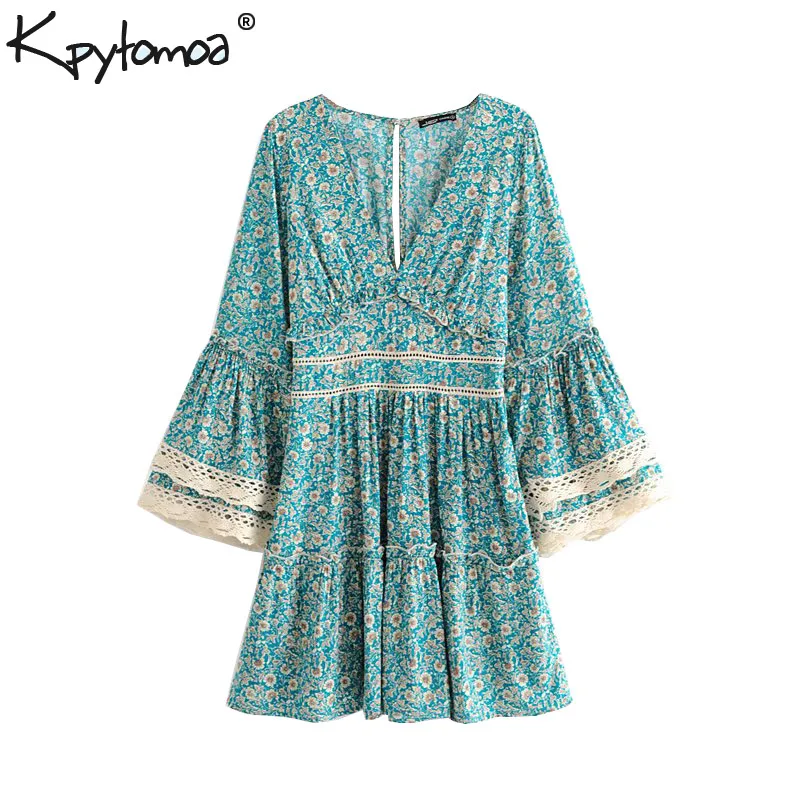 

Boho Chic Summer Vintage Floral Print Ruffles Mini Dress Women 2019 Fashion Flare Sleeve Lace Patchwork Beach Dress Vestidos