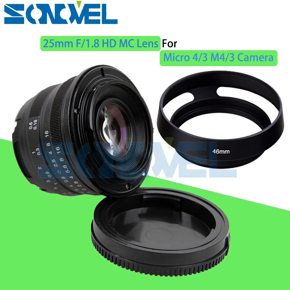 Black 25mm F/1.8 HD MC Manual Focus Wide Angle Lens+Hood for Olympus