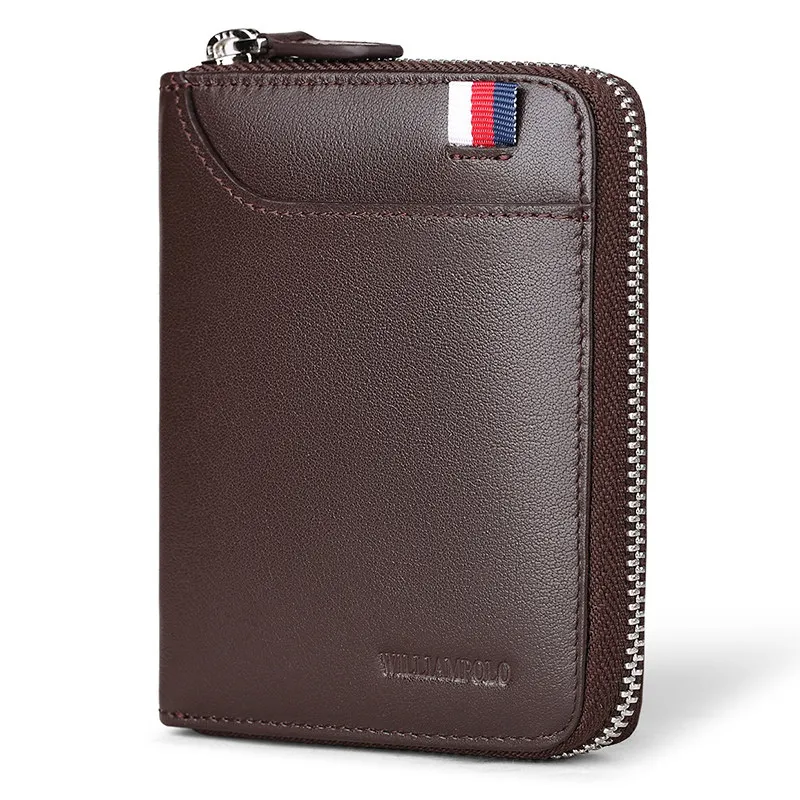 Кожаный вертикальный мужской кошелек, короткая сумка для карт из воловьей кожи, компактный карман на молнии для водительских прав - Цвет: Brown