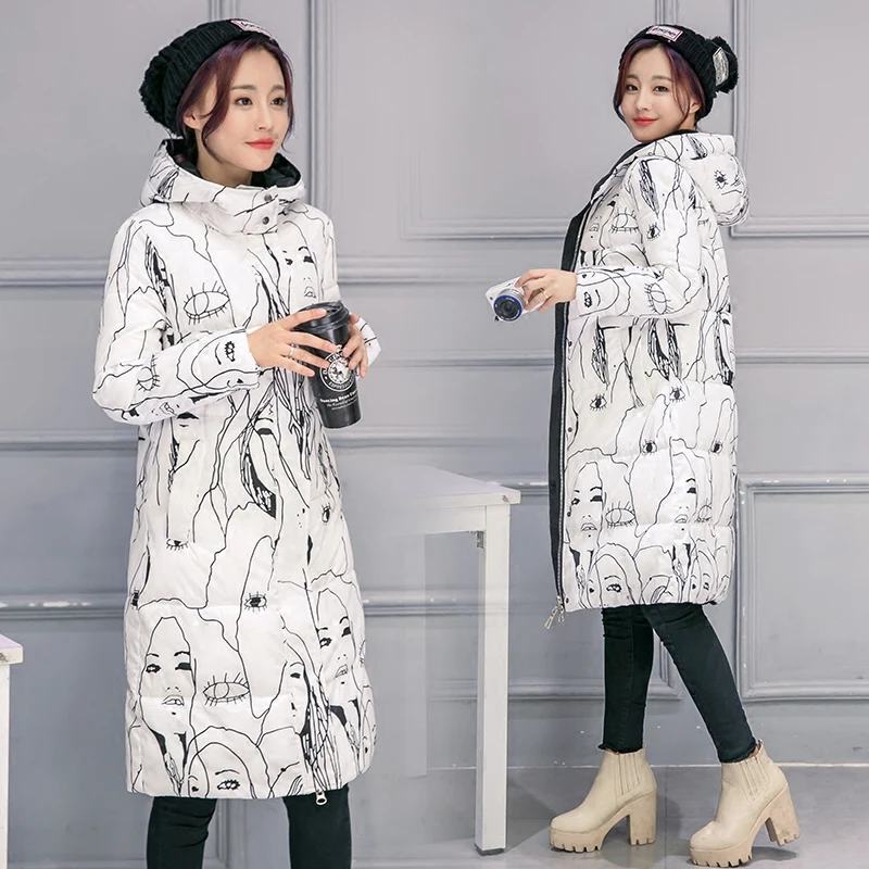 Fashion Winter Women Long Coat Thicken Down Cotton Winter Jacket Warm Woman Coat Hooded Printed For