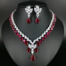 2017 new fashion luxury romantic retro red little water drop zircon necklace earringset,wedding bride dinner party dress jewelry