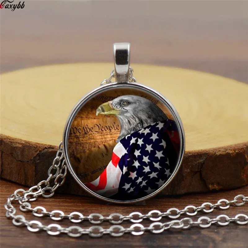 

Retro American Flag Time Gem Necklace USA Star and Eagle Pattern Handmade Photo Crystal Glass Pendants Necklaces Jewelry
