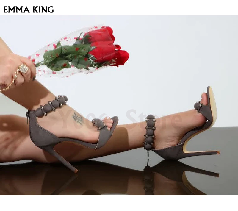 

Elegant Summer Sandals Women Heels Open Toe Studs/Buttons T-strap Sandalias Mujer Stiletto Heel Back zipper Trendy Shoes Woman