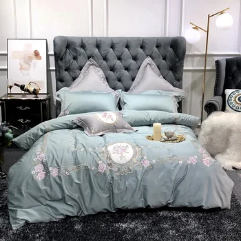 

Blue Gray Luxury European Pastoral Style Flowers Embroidery Egyptian Cotton Bedding Set Duvet Cover Bed sheet/Linen Pillowcases
