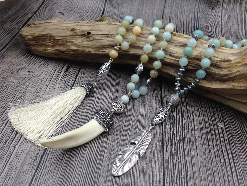 Tooth Tassel Leaf Pendant Charm ite Beads Handmade Necklace