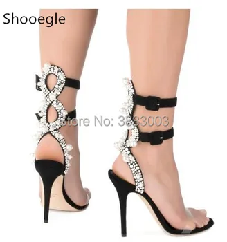 

Fashion Crystal String Bead PVC Women Sandals Ankle Double Buckle Strap Thin High Heel Open Toe Sexy Pumps for party dress