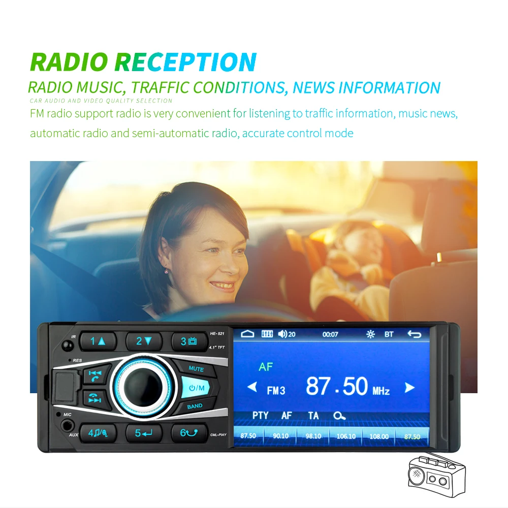 HE521 4,1 дюймов одиночный DIN Bluetooth автомобильный AM FM Радио стерео USB AUX вход в тире головное устройство автомобиля MP5 плеер с микрофоном