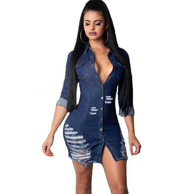 Women Sexy Denim Shirt Dress Autumn Winter Turn Down Collar Hole Slim