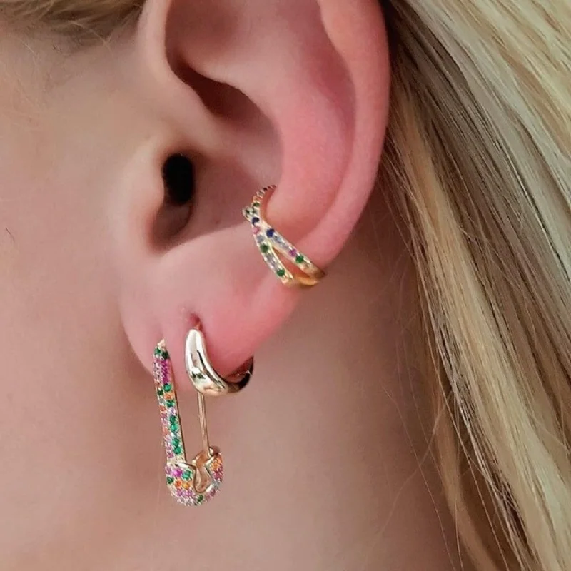 

2019 new unique designer colour paperclip safety pin studs fashion elegant women jewelry gold filled rainbow delicate cz earring