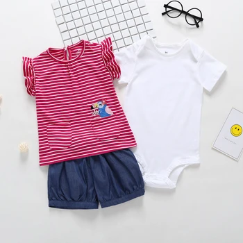 

Baby girl clothes 2019 new summer girls cotton triangle hayi clothes + cartoon lotus leaf sleeve + shorts 3 piece suit