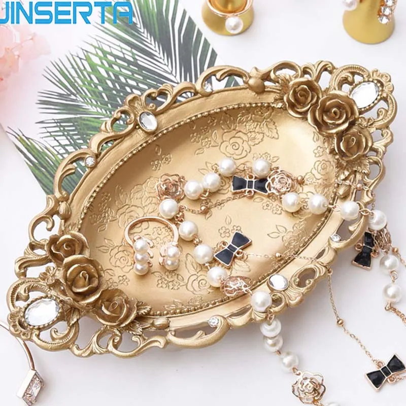 

JINSERTA Gold Storage Tray Jewelry Display Plate Necklace Ring Earrings Display Tray Creative Mirror Decoration Organizer
