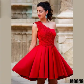 

Popular One Shoulder Lace Applique Stain Cocktail Dresses Short Prom Dresses Formal Gown Custom Made