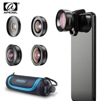 

APEXEL 5in1 Mobile Phone Lens Case&Clip Kit HD Fisheye Wide Angle 4K Macro Telescope Lens for Samsung iPhone and All smartphone