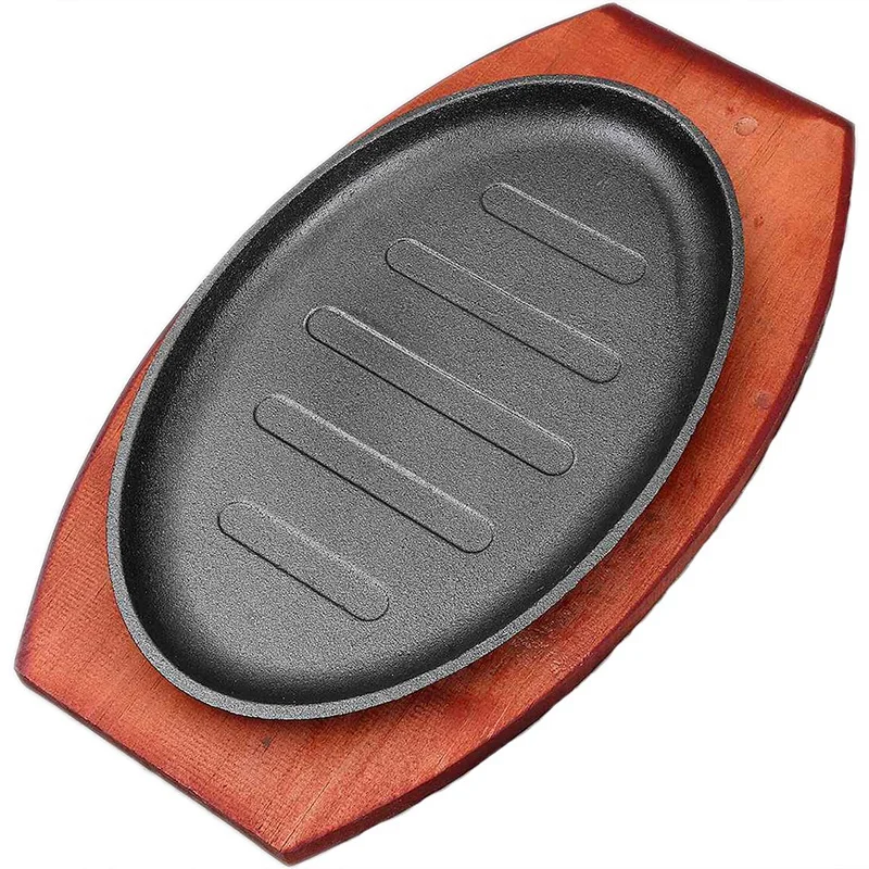 

Cast Iron Roasting Steak Pan Non Stick Roast Enamel Fried Pot Plate Frying Pan With Wooden Base Holder Home Cookware 25.5*16.2