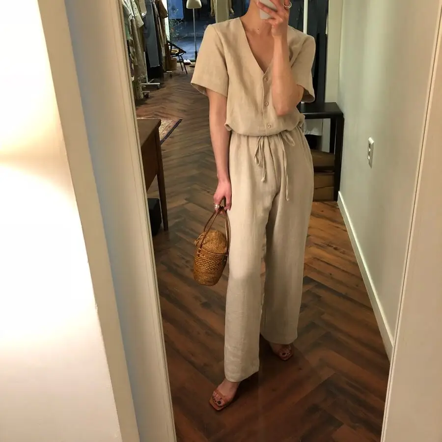 2019 Casual Women Summer Jumpsuit Light Khaki Color Full Length Wide Leg Jumpsuits 2019 Casual Women Summer Jumpsuit Light Khaki Color Full Length Wide Leg Jumpsuits