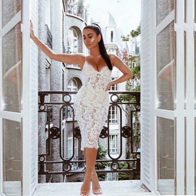 

2018 Fashion White Elegant Bandage Dress Spaghetti Strap Lace Hollow Out Celebrity Evening Party Dresses Vestidos Wholesale Club
