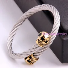 Cool Punk Gothic Silver Gold Skull End Wire Cable Bracelets Bangles High Quality Titanium Steel New