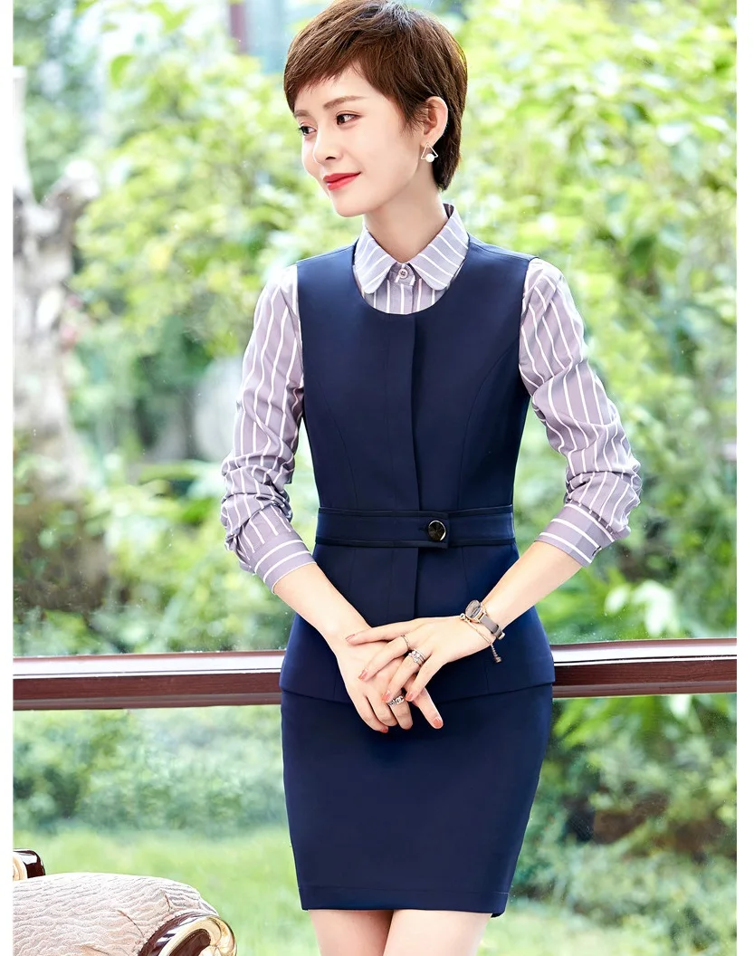 Formal 2 Piece Sets Women Vest & Waistcoat and Skirt Sets Blue Elegant