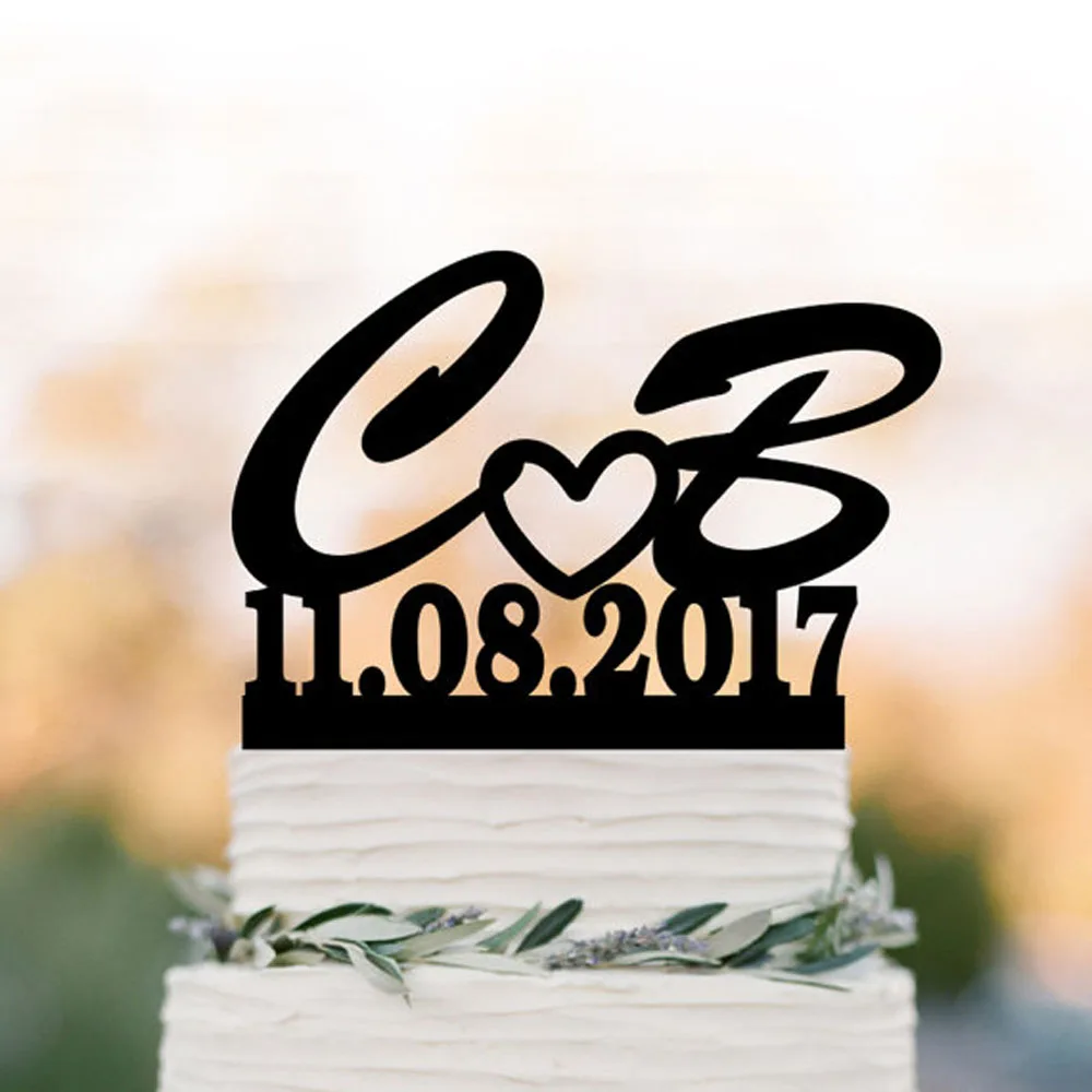 personalized letter and date initial wedding Cake topper with date,acrylic silver wooden cake topper,custom cake topper letter